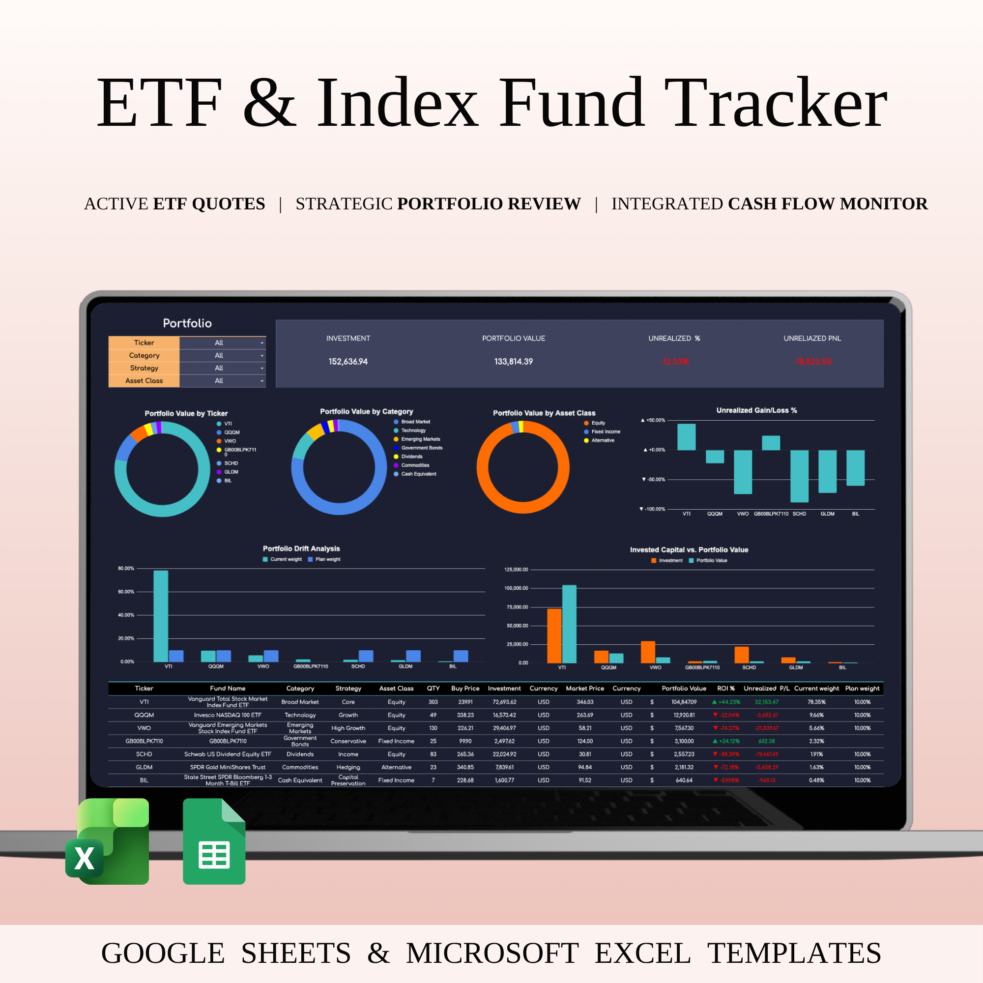 ETF & Index Fund Tracker Excel | Dark Mode asset allocation dark mode excel dividend tracker etf tracker excel finance finance dashboard financial independence fire movement google sheets portfolio index fund portfolio investment journal investment spreadsheet long term investing portfolio analytics retirement planning savings tracker stock market template stock tracker vanguard tracker wealth management