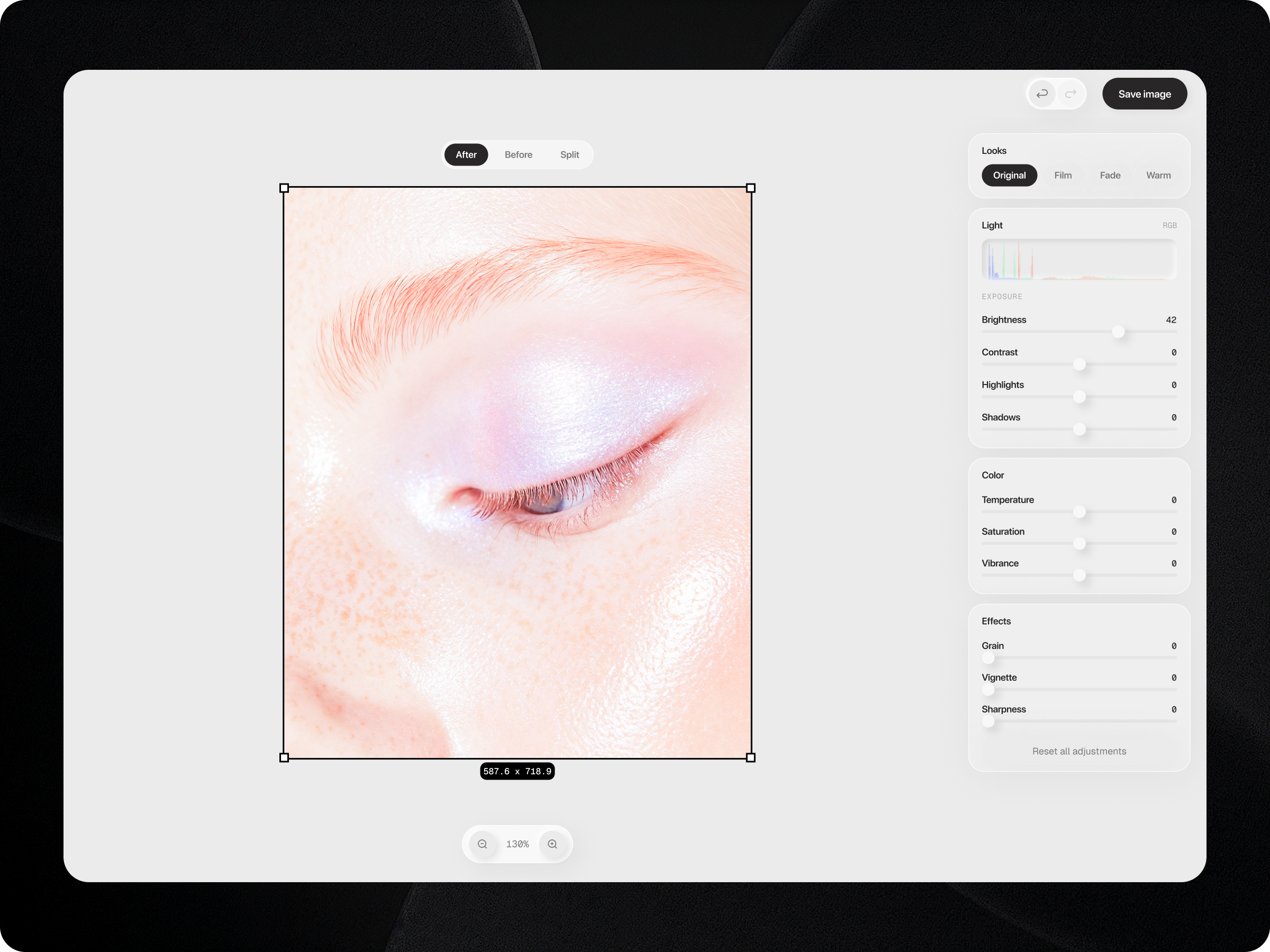 Light & Color Controls — Minimal Photo Editing UI adjustment panel before after ui creative tools ui dashboard ui desktop app ui figma image editing app light controls ui minimal ui design photo app design photo editor ui saas ui slider component ui design web app design