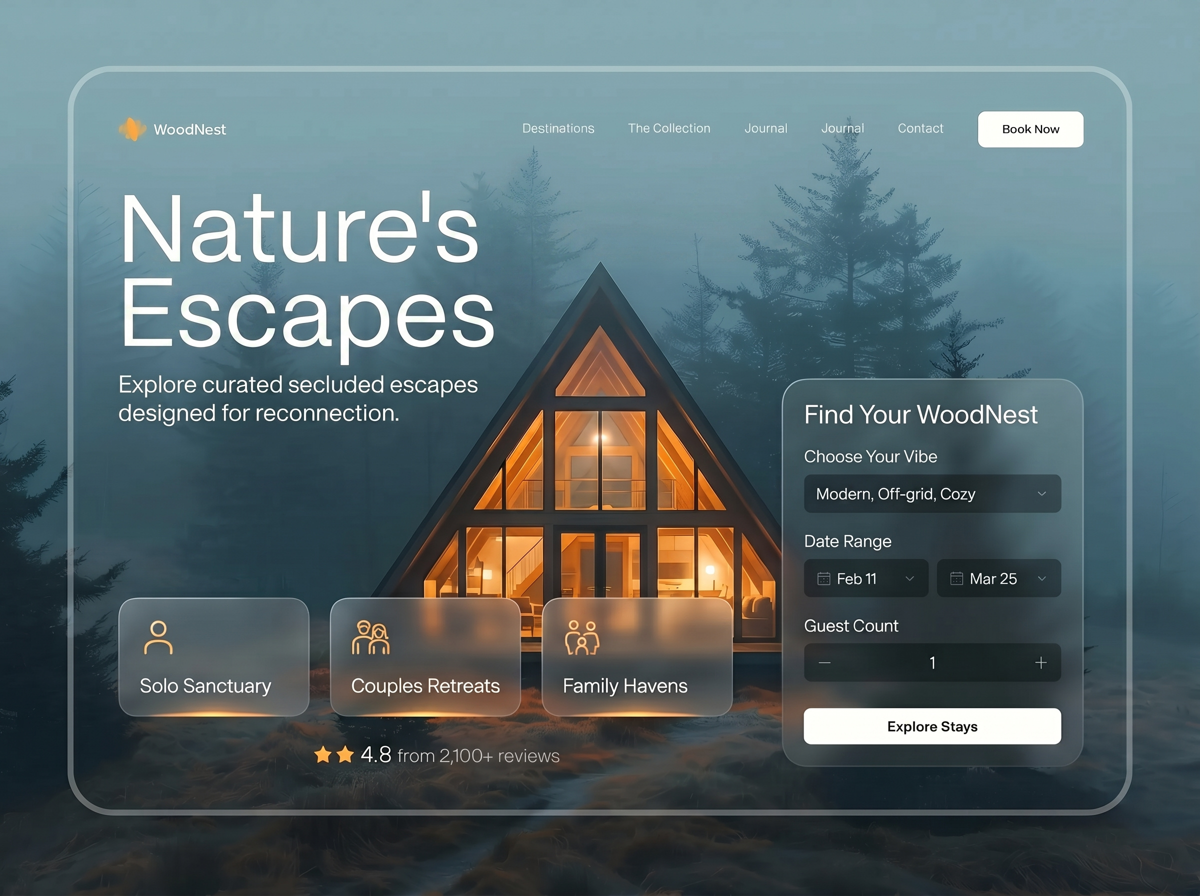 WoodNest - Nature's Hidden Collection Landing Page a frame house adventure travel booking ui boutique hotel cabin stay clean layout glamping glassmorphism hospitality design landing page minimalist ui modern design nature retreat travel website ui uiux user interface web design web ui website