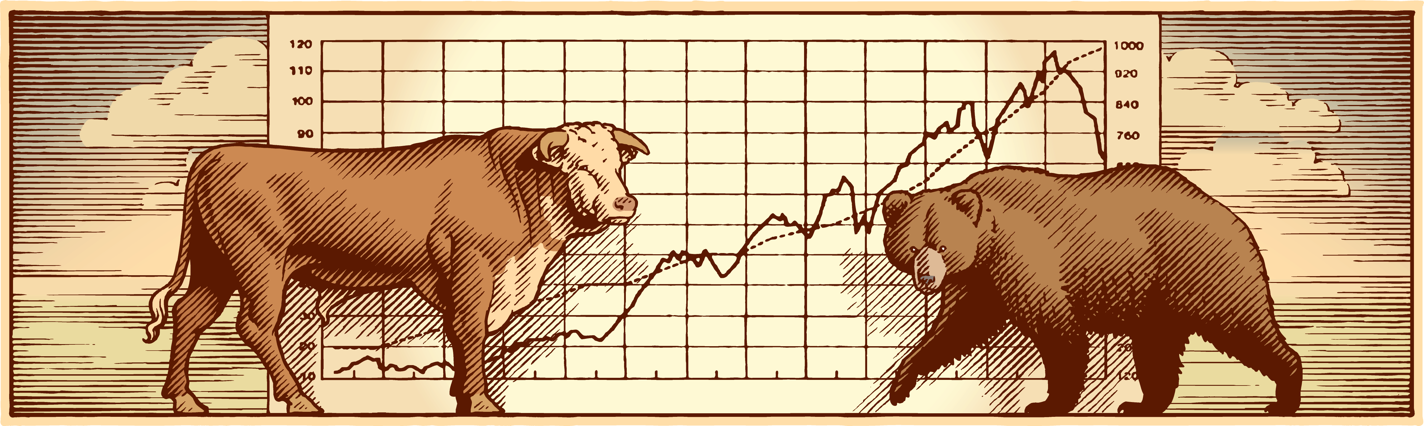 A Bull and a Bear for a Bank classic illustration pen and ink vintage woodcut