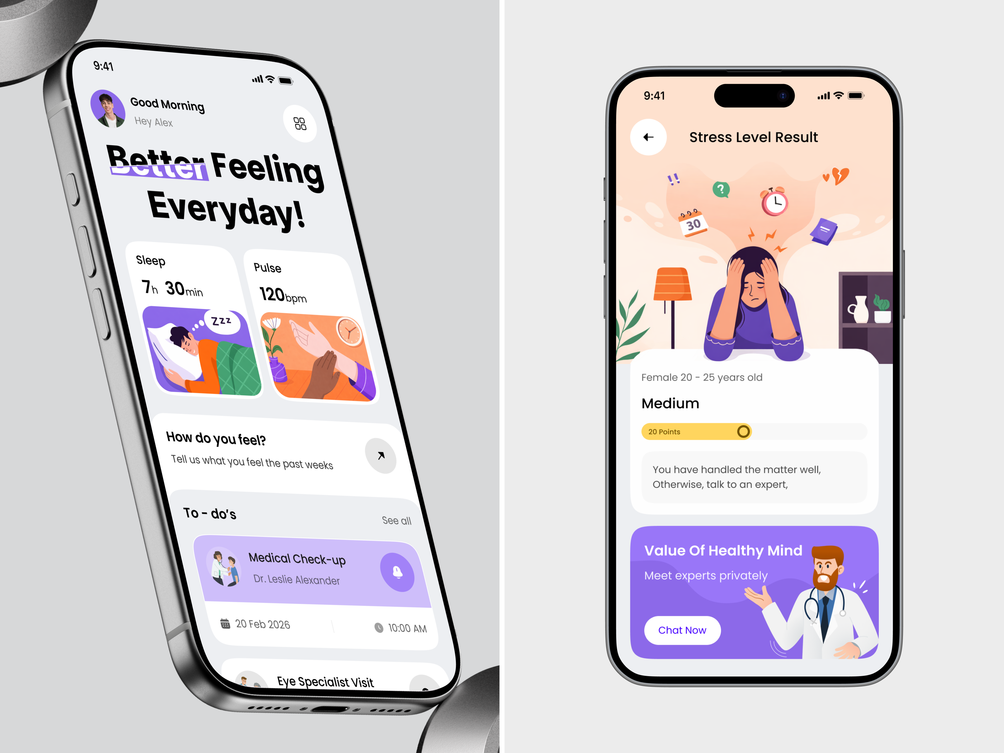Mental Health Stress Tracker & Doctor Chat App Design app app concept app design doctor app doctor consultation fitness app habit tracker health app health stats health tracking interface design lifestyle app medical app mobile mobile app mobile design mood tracker mordran design sleep tracker stress tracker