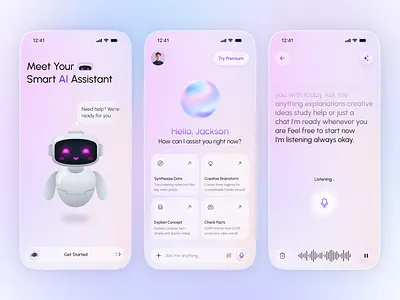 Smart AI Assistant Mobile App - Voice & Chat Experience ai ai app ai assistant ai chatbot app app design chat app chatbot app mobile modern ui ui virtual assistant voice assistant voice ui