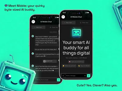 Nibble — Quirky AI Buddy App Design ai app ai assistant ai ui bot chat app chatbot interface design mobile app mobile ui product design saas design smart ai startup design ui design ux design voice interface