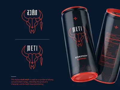 METI branding bull concept creative design energydrink logo packaging simple skull