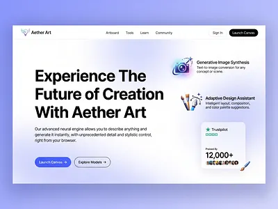 AI Image Generation Platform Hero Section aether art ai browser based creative tool dark mode design platform explore models futuristic generative art gradient hero section landing page launch canvas neon glow neural engine no‑code saas text to image ui web design