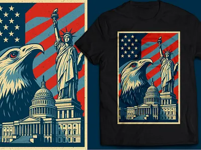 T-shirt design american patriotic poster apparel graphic bald eagle art cream blue red poster d.c. landmarks distressed texture art fourth of july art graphic design independence day illustration product photography detail. retro american design statue of liberty illustration stylized eagle head torch and crown us capitol building washington us flag stars and stripes vintage americana