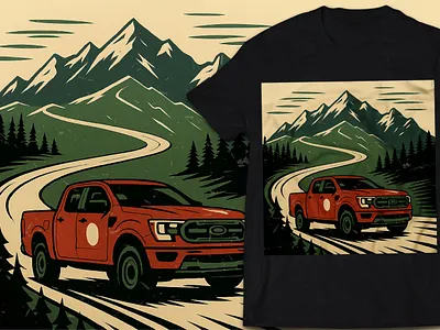 A vintage-style T-shirt design featuring a red pickup truck adventure seeker t shirt. automotive streetwear camping and hiking gear distressed forest graphic mountain adventure graphic national park style art off road vehicle shirt outdoor adventure apparel pickup truck t shirt design pine tree silhouette red truck illustration retro 4x4 art rustic mountain landscape vintage truck illustration winding road drawing