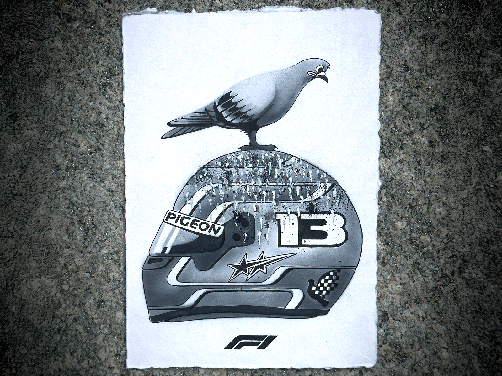 Scuderia Pigeon artwork car culture darkart design drawing f1 graphic design helmet illustration ink minimal motorsport onpaper pigeon poster art racing symbol