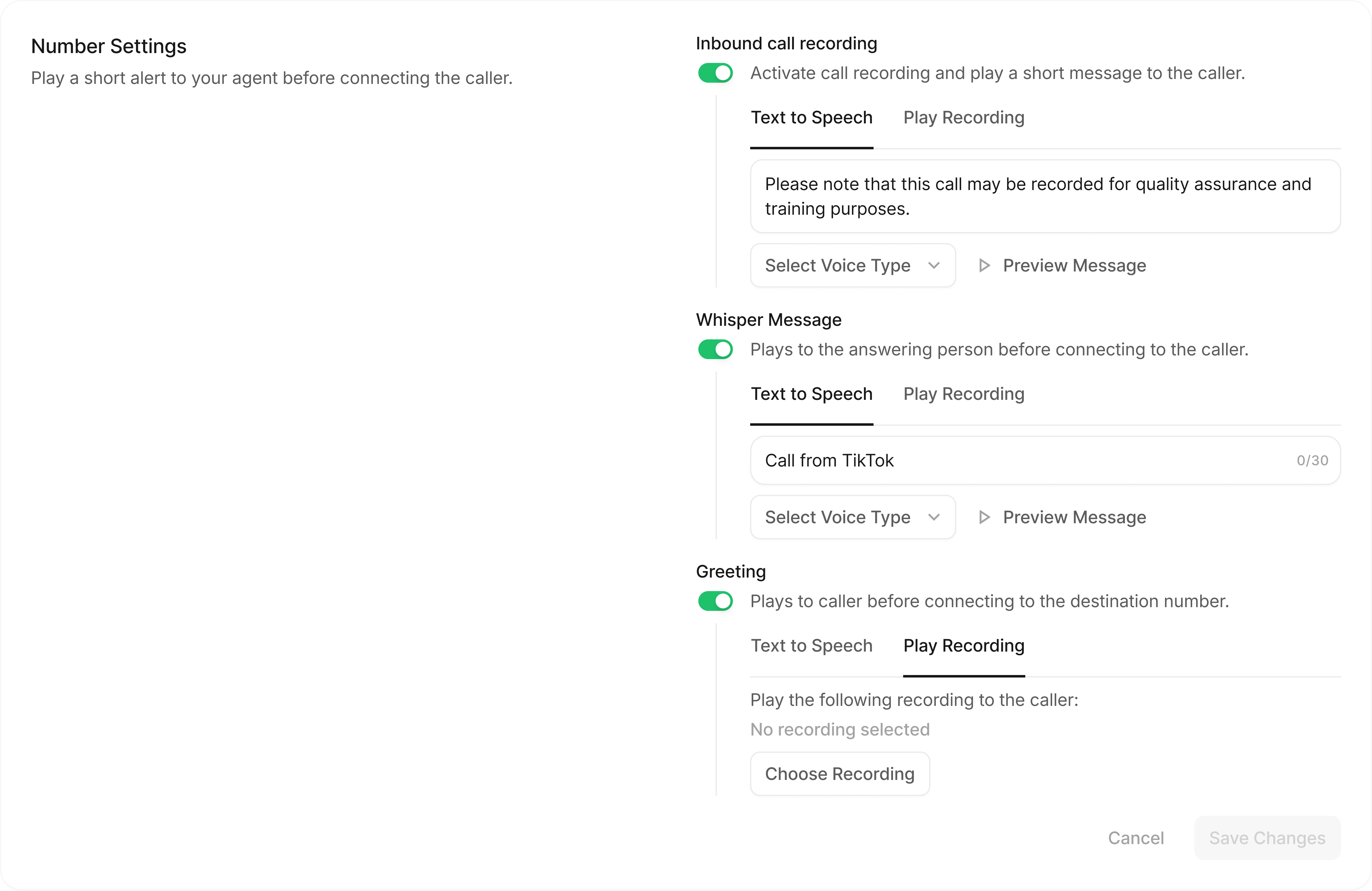 Number Settings, call controls for a telephony product adminpanel b2b components dashboard enterprise form graphic design inputfields productdesign saas settings toggle ui webapps