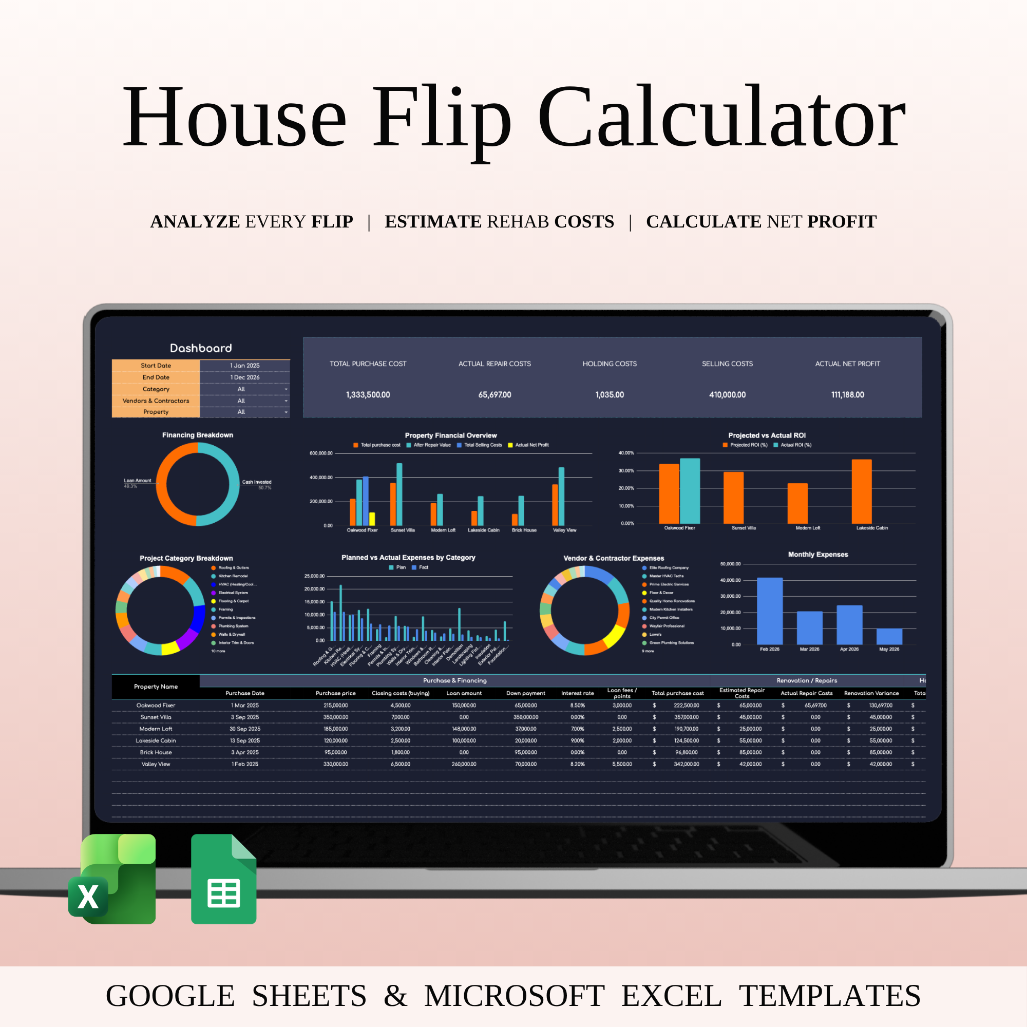 House Flipping Calculator Excel | Dark Mode brrrr strategy construction estimator dark mode excel deal analyzer excel for investors fix and flip tool flip profit calculator home renovation budget house flipping calculator investment property property analysis property management real estate analytics real estate finance real estate investing template real estate roi real estate spreadsheet rehab estimator rental property tracker wholesaling spreadsheet