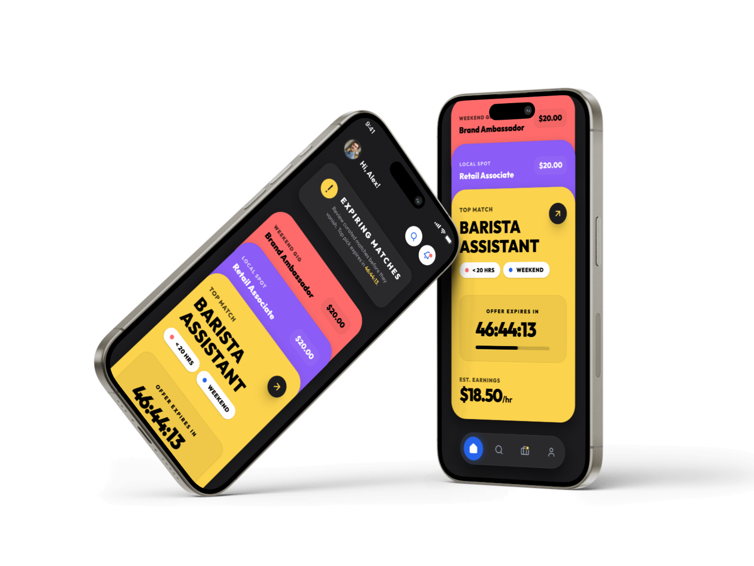 Gen Z/Teens Job Discovery App with Time-Bound Gig Matching animation app design cards dark mode figma gen z ios app job app job portals microinteractions mobile app mobile ui neo brutalism product design saas teen app ui design ux design