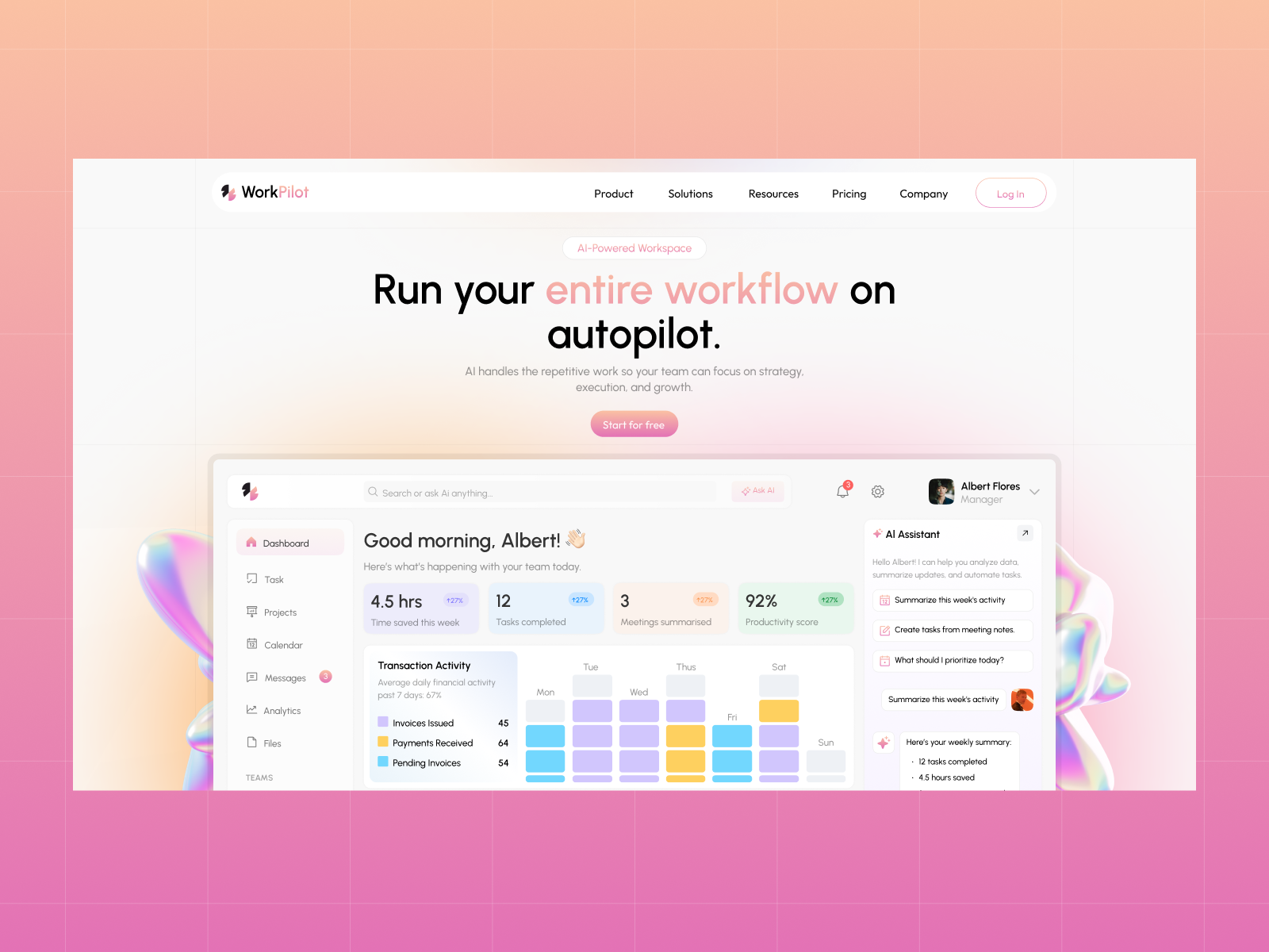 WorkPilot — AI Productivity Platform Landing Page & Dashboard UI ai dashboard ai powered ui ai saas automation platform dashboard ui data visualization figma figma design gradient ui landing page design product design saas dashboard saas landing page saas website soft ui task management ui ui ux design web app design web ui design workflow automation