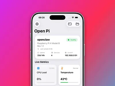 Open Pi App app app design development disk docker tools file management files monitoring ram raspberrypi service control services ssh terminal ui