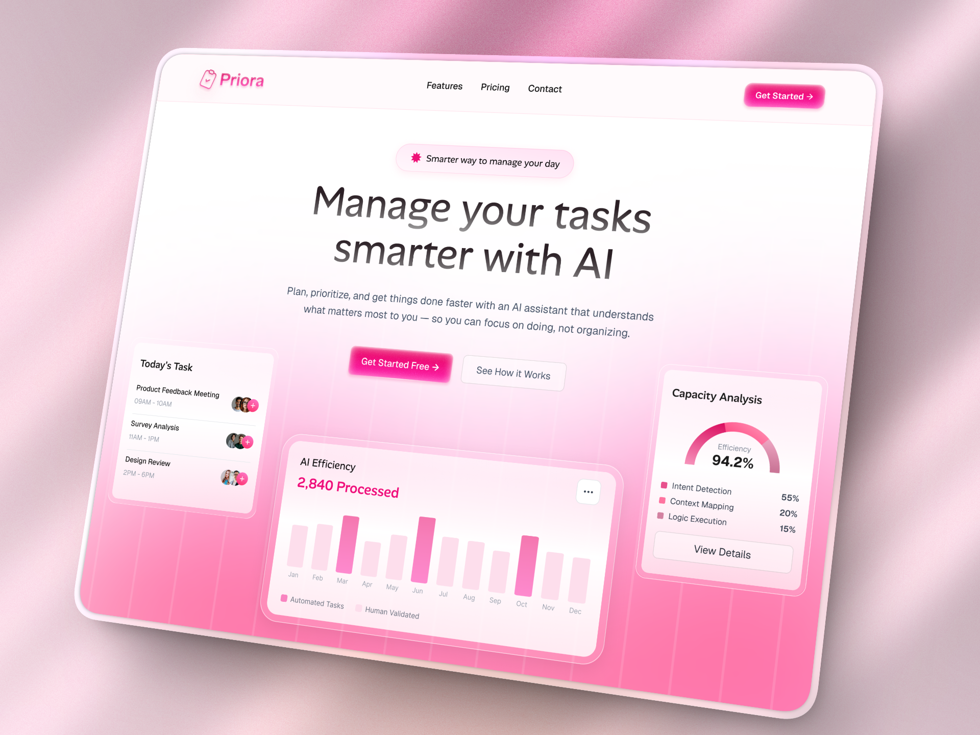 Priora — AI Task Management Hero Section ai aiwebsite dashboard design glassmorphism herosection landingpage product productdesign productivity saas saasdesign ui uiux ux webdesign