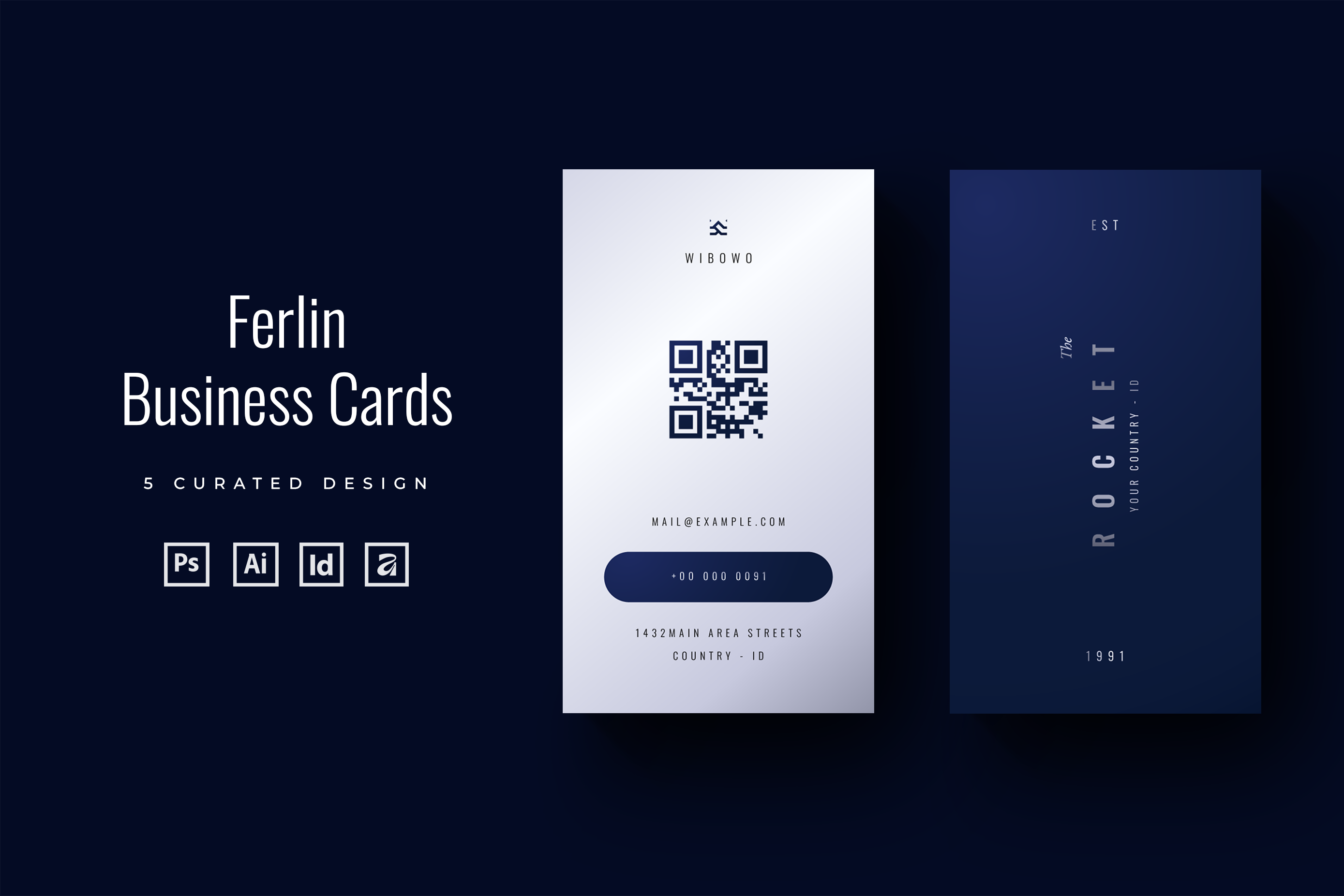 Ferlin - Vertical Business Cards affinity designer business card affinity designer template business card business card template dark blue indesign business cards indesign template metallic photoshop business cars photoshop template psd business card psd template qr code business cards vertical business card