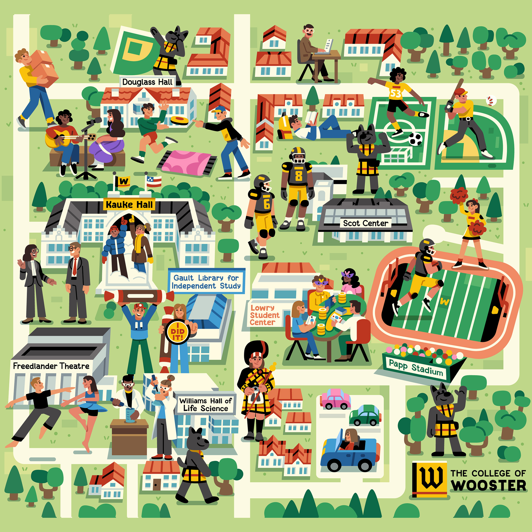The College of Wooster Map art campus character college illustration map print student vector