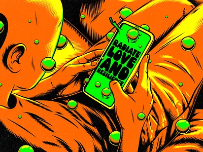 Radiate love and resilience design figurative art human illustration love mobile phone positive thinking psychedelic resilience retro surrealism trippy typography vector vintage