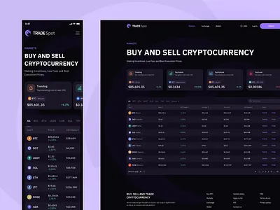 Crypto Exchange Markets adaptive branding clean crypto currency dark theme design exchange markets mobile design navigation responsive table trading ui ux web web app web design