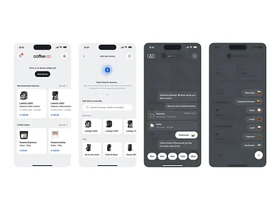 Smart Coffee Machine App automation b2b coffee coffee app coffee machine coffee machine shop coffee maker coffee shop connected device device ecommerce shop ecommerce ui graphic design inventory machine product design product presentation smart coffee machine software tech app
