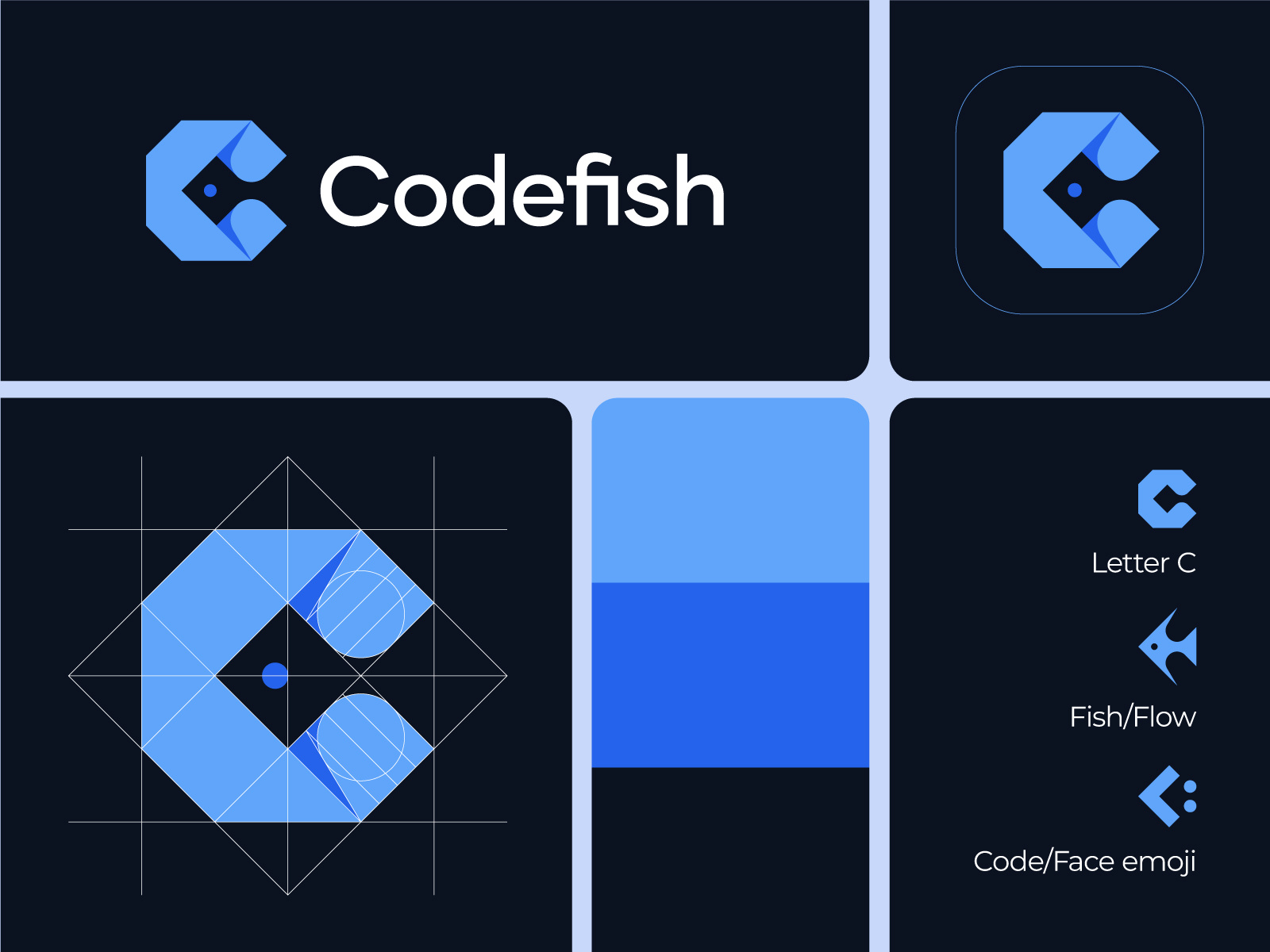 Codefish logo, C logo, C+Code+Fish logo app icon brand identity branding business logo c fish geometric logo graphic design mark minimalist logo minimalist logos modern logo professional logo saas logo smart logo designer software logo start up logo symbol tech logo top logo