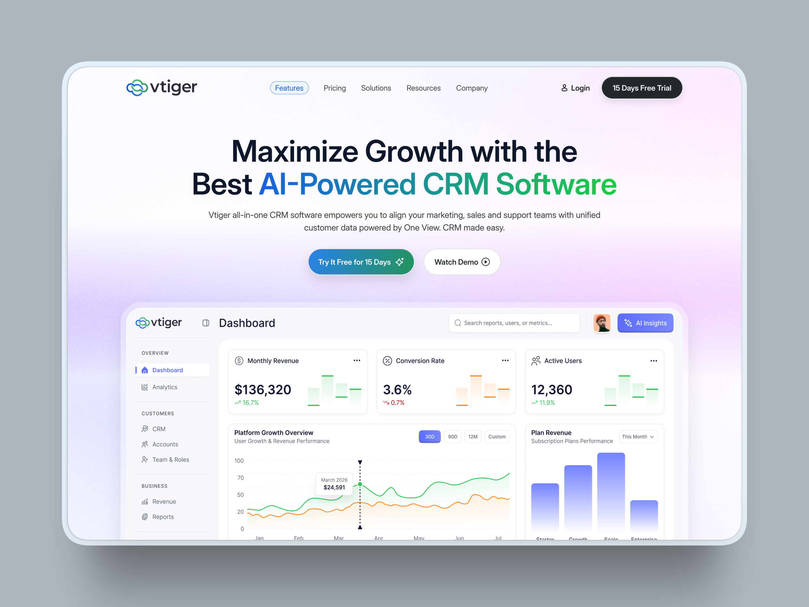 CRM SaaS Landing Page UIUX | AI Dashboard for Sales & Analytics crm dashboard crm saas dashboard ui design interface product saas landing page saas ui service startup ui ux web