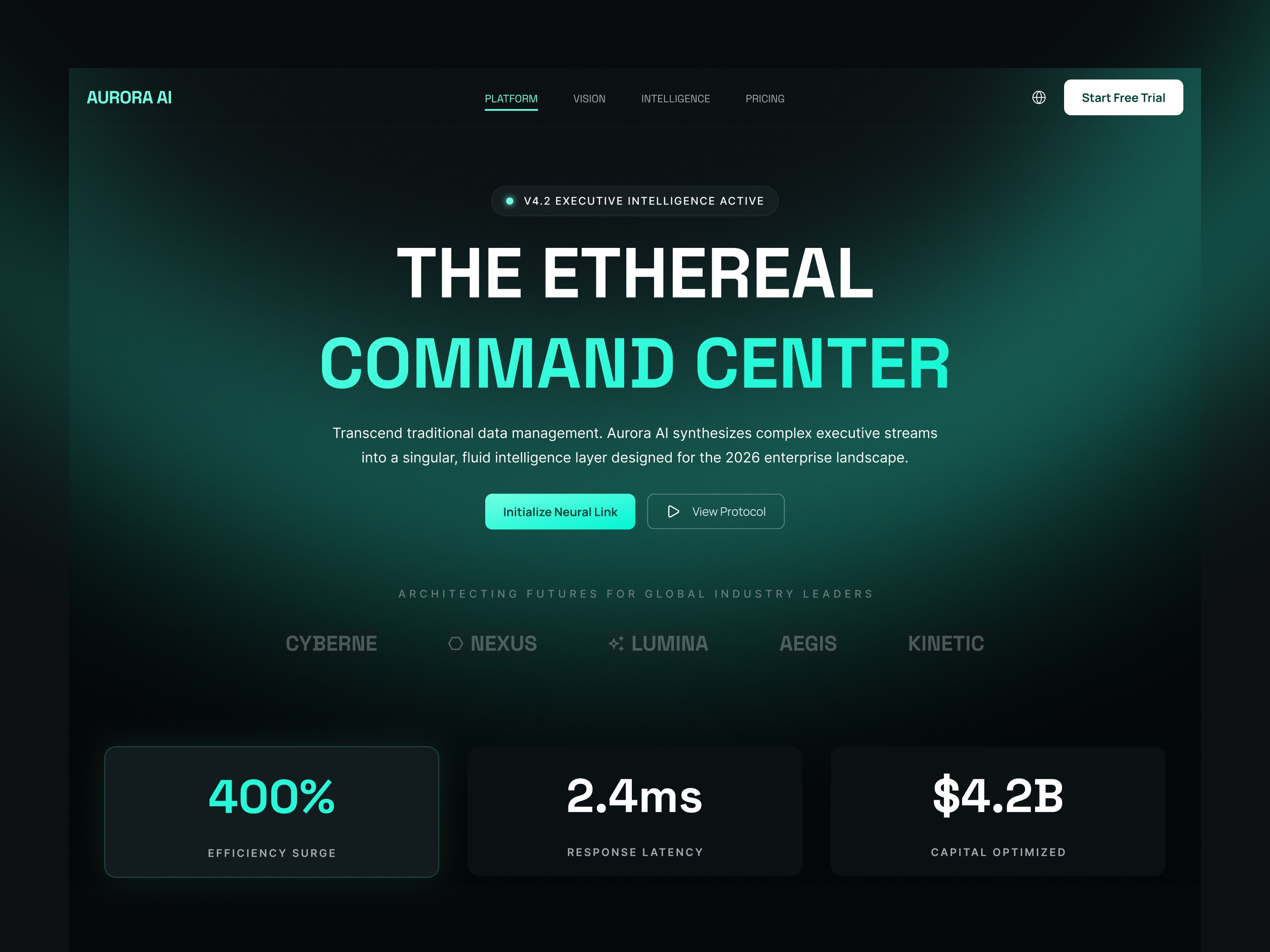 Aurora AI Ethereal Command Landing Page ai landing page ai tool artificial intelligence cmd crm ethereal ethereal landing page generative homepage landing landing page landing page design landingpage machine learning mapping platform saas uiux webdesign website design