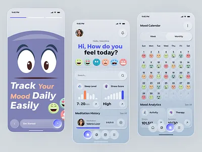 Daily Mood Tracker Mobile App UI app app redesign design emotion tracker glassmorphism habit tracker redesign health app redesign meditation app redesign mental health app redesign mood tracker app redesign mood tracker redesign redesign self care app redesign ui web wellness app redesign