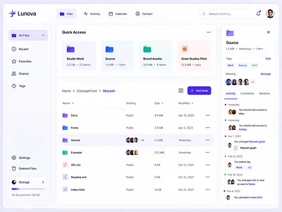Lunova Cloud Dashboard admin panel clean ui cloud dashboard figma file manager interface modern design product design saas ui design ux design web app