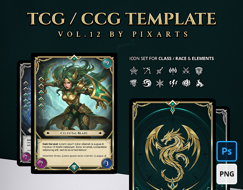 Royal Dragon TCG Template board game assets card back design card frame design dragon theme golden frame heroic rpg high fantasy paladin royal ui tcg ccg templates trading card game