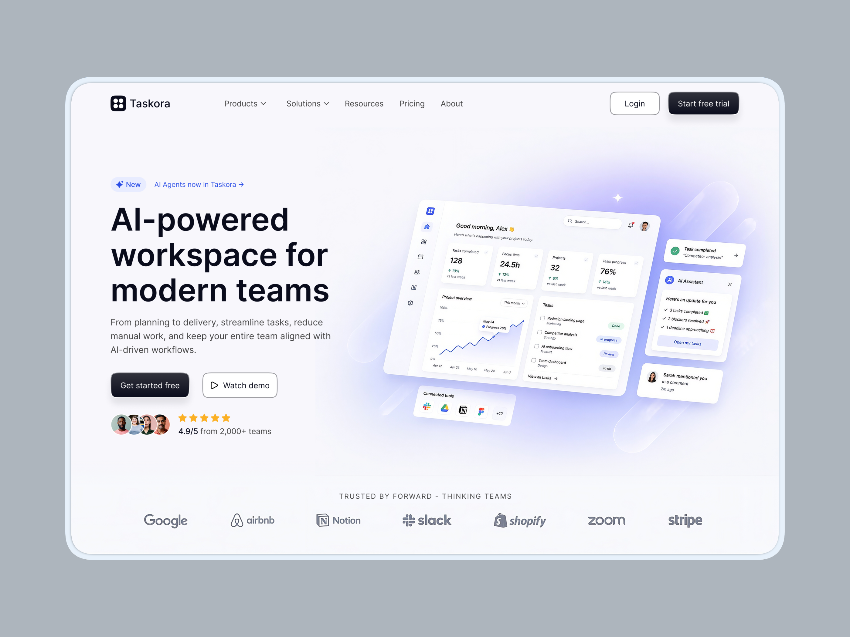 AI Project Management SaaS Landing Page | Taskora UI UX ai saas interface product project management saas landing page service startup ui ui ux design ux web web design