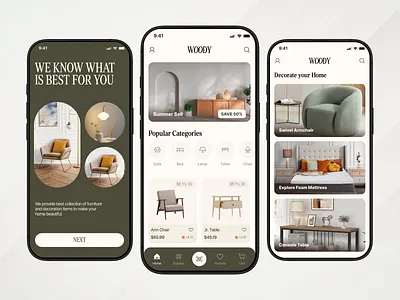 Woody - Onboarding, Home & Decorate Your Home app design decorate home e commerce editorial design figma furniture app home screen interface design ios luxury design mobile app mobile design mobile ui onboarding onboarding ui shopping app splash screen ui design user interface ux design