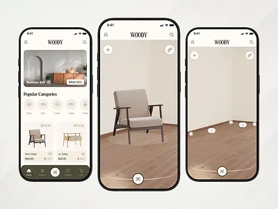 Woody - Home Feed, AR View & Room Measurement 3d preview app design ar design ar feature ar ux augmented reality figma furniture app home screen interface design ios luxury app mobile app mobile design mobile ui room measurement shopping app ui design user interface ux design
