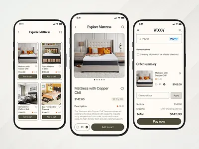 Woody — Explore, Product Detail & Checkout Flow add to cart app design checkout ui e commerce figma furniture app interface design ios luxury design mobile app mobile design mobile ui order summary payment ui product detail product page shopping app ui design user interface ux design