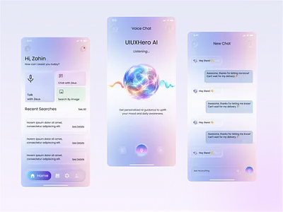 UIUXHero AI — Light Mode | Voice & AI Companion App UI Design aiapp aitrends2026 aiui aiux appdesign artificialintelligence conversationalui designinspiration figma glassmorphism interaction ios19 lightmode mobileui productdesign saas uidesign uiux uxdesign voiceui