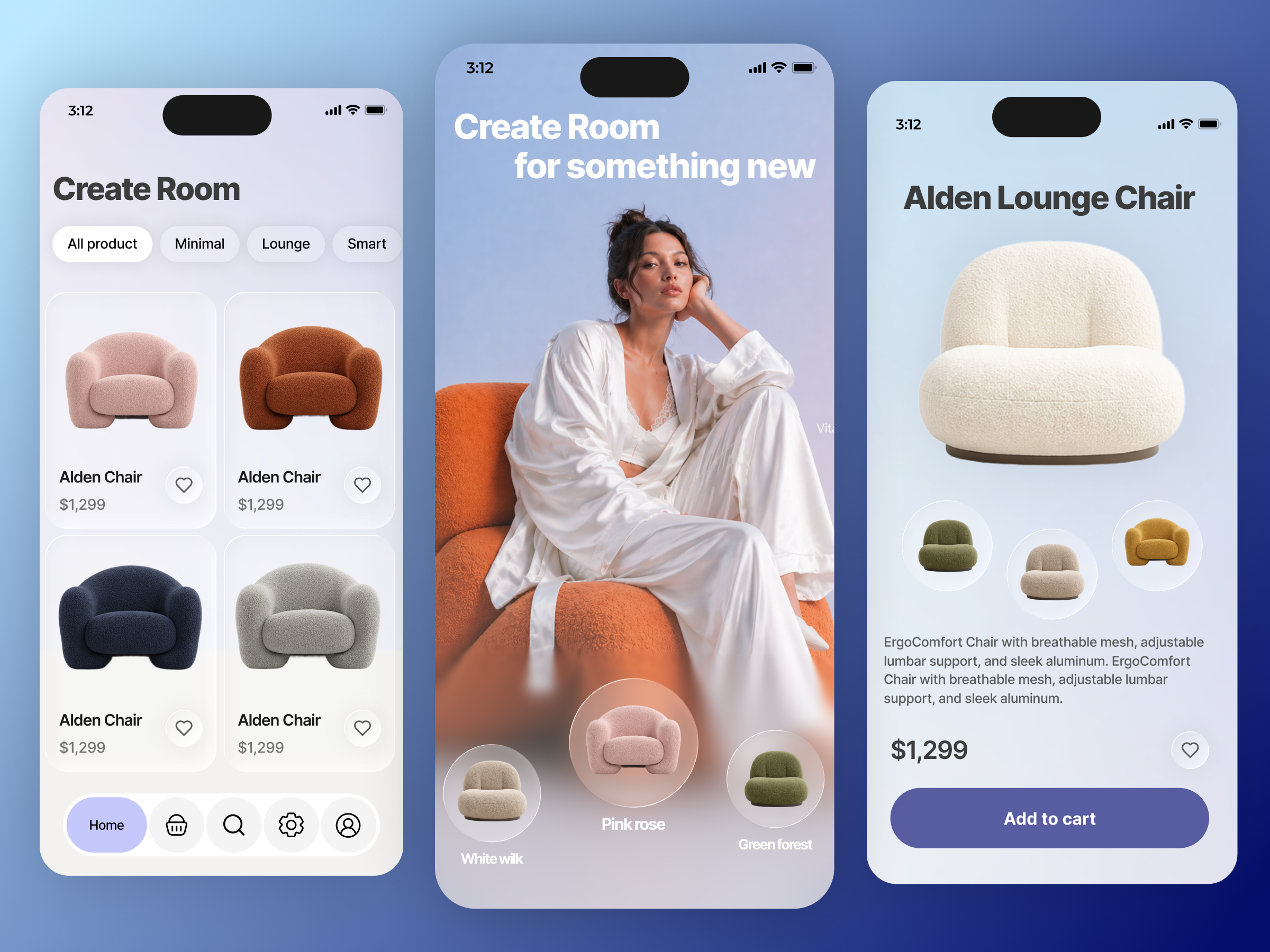 Furniture App UI — Minimal Lounge Experience 3d app design clean design ecommerce figma furniture interior design minimal ui mobile app modern ui product design shopping app soft ui ui design ux ui