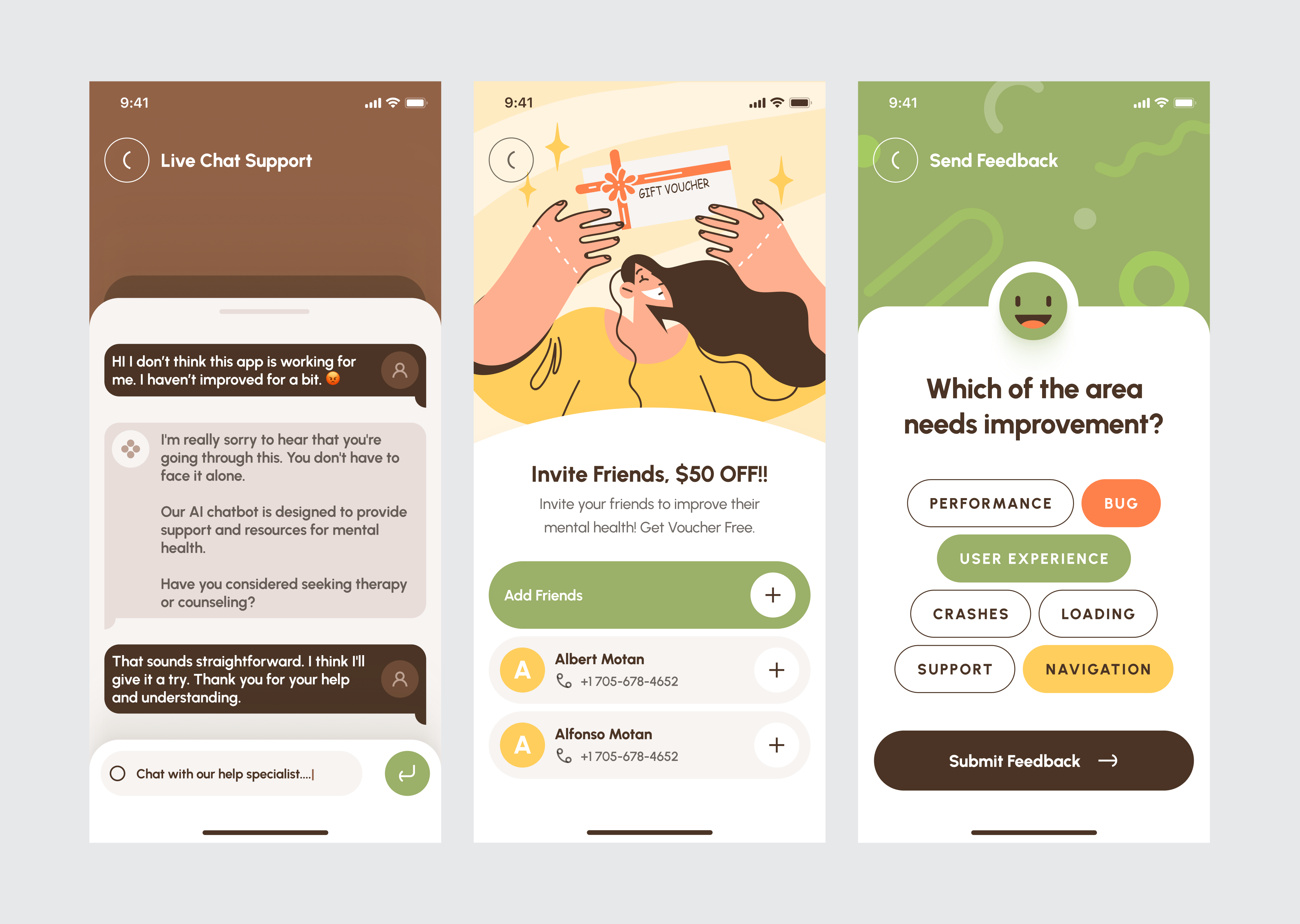 AI Mental Health App Design ai app ai chatbot app design app screens app ui figma healthcare design illustration ui interface design mental health app mobile app mobile design mobile ui product design ui design uiux ux design wellness app