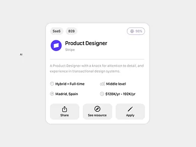 Job Info Card UI — Clean Product Designer Listing b2b carddesign careers cleanui dailyui dashboardui designinspiration hiringui infocard interactiondesign jobcard joblisting minimalui moderndesign productdesign recruitmentdesign saasui uidesign uxdesign webapp