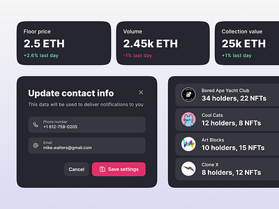 NFT marketplace app button clean crypto dark design system figma input marketplace menu modal modals nft pink pop up popup settings stats ui ux