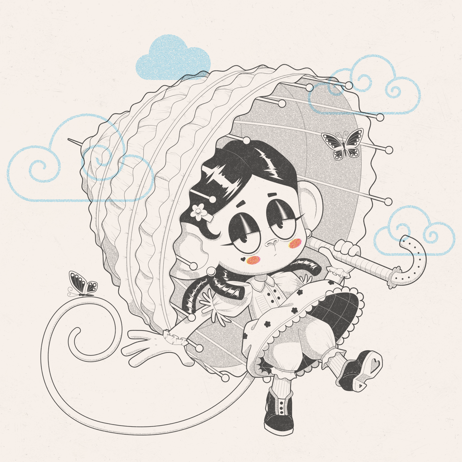 Monkey in the Sky cartoon character clouds halftone illustration monkey overlay raster retro umbrella vector vintage