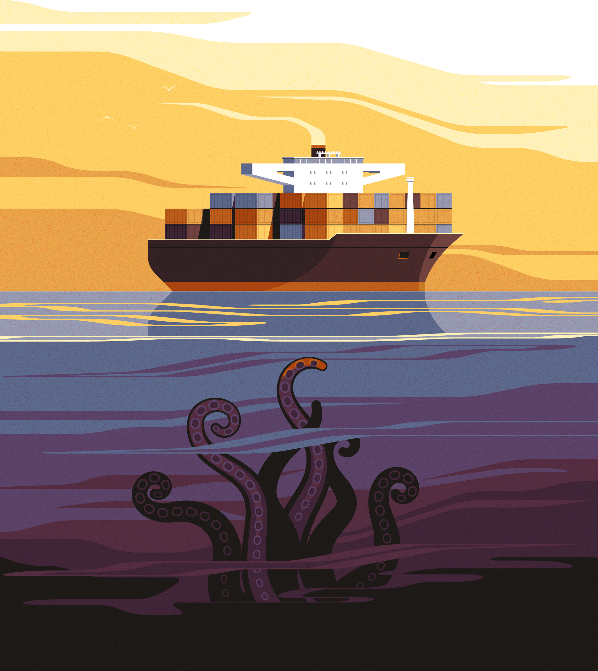 Container Shipping Issues animal boat character container illustration kraken landscape ocean octopus sea shipping sky vessel