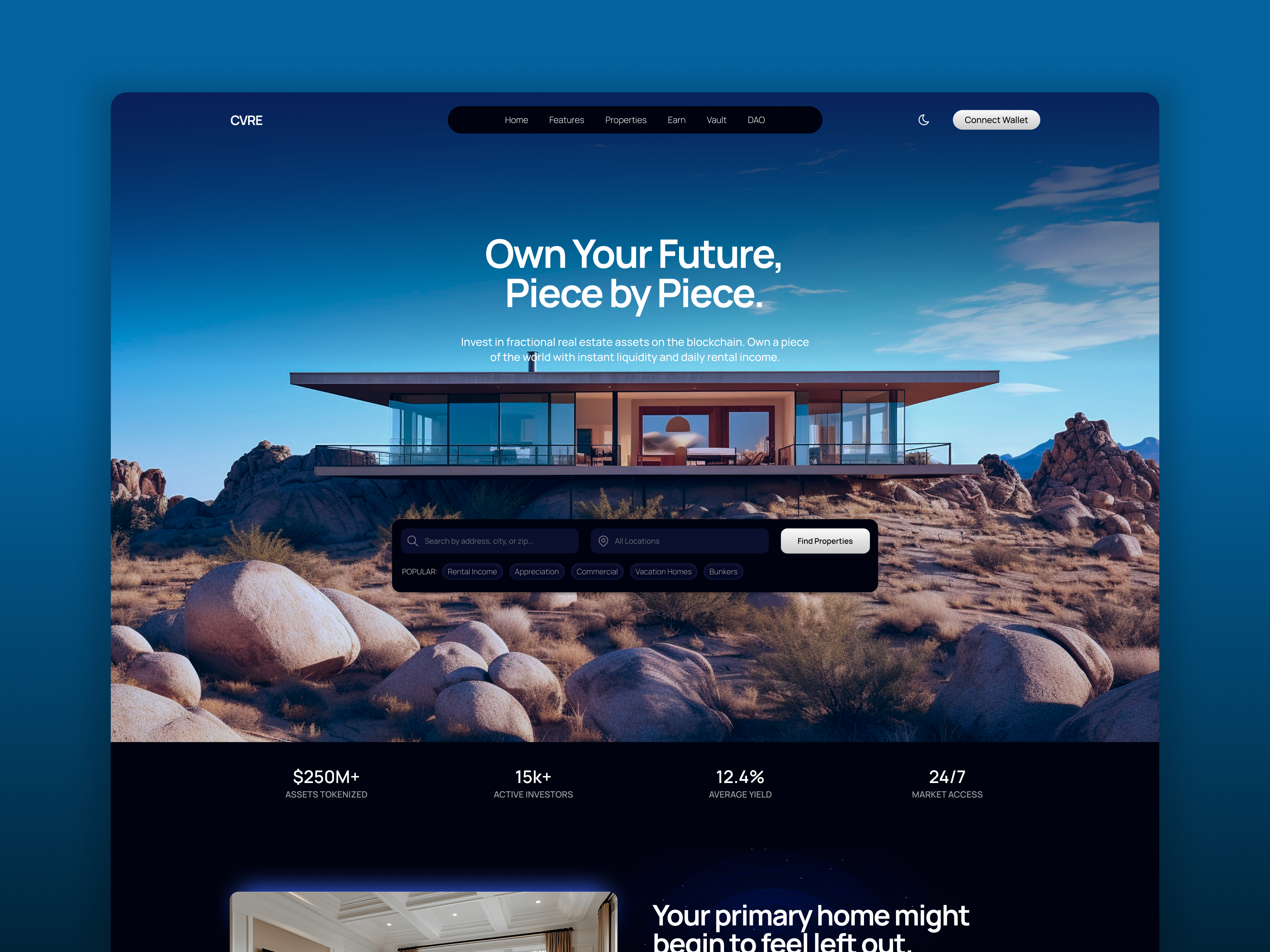 CVRE - Real Estate Landing Design blockchain crypto darkui defi figma fintech highend investment luxury marketplace minimal premium realestate saas uiux web3