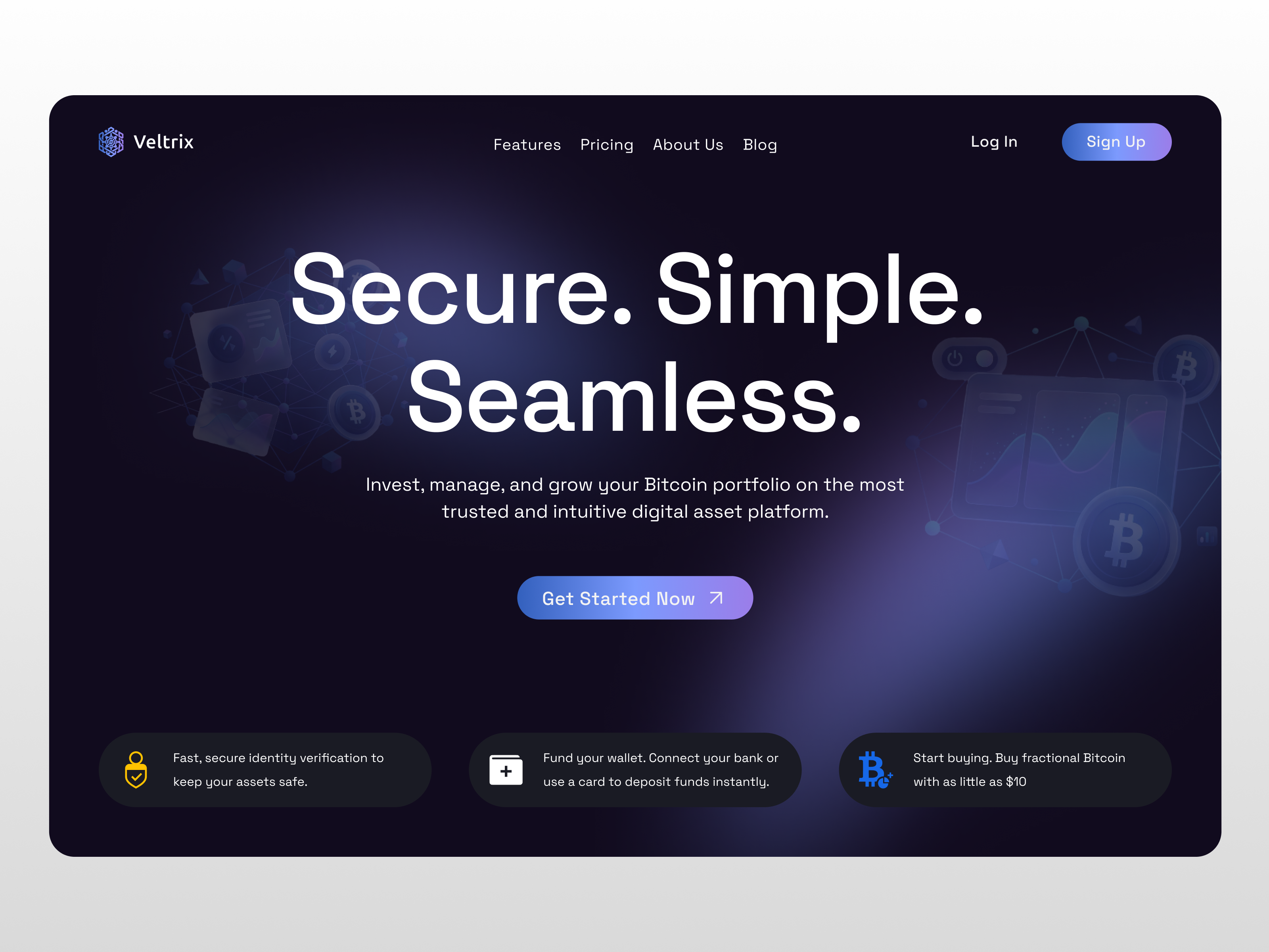 Veltrix - Bitcoin Platform Landing Page bitcoin crm darkmode features get started gradient hero section landing page login platform pricing purple saas secure signup visual website