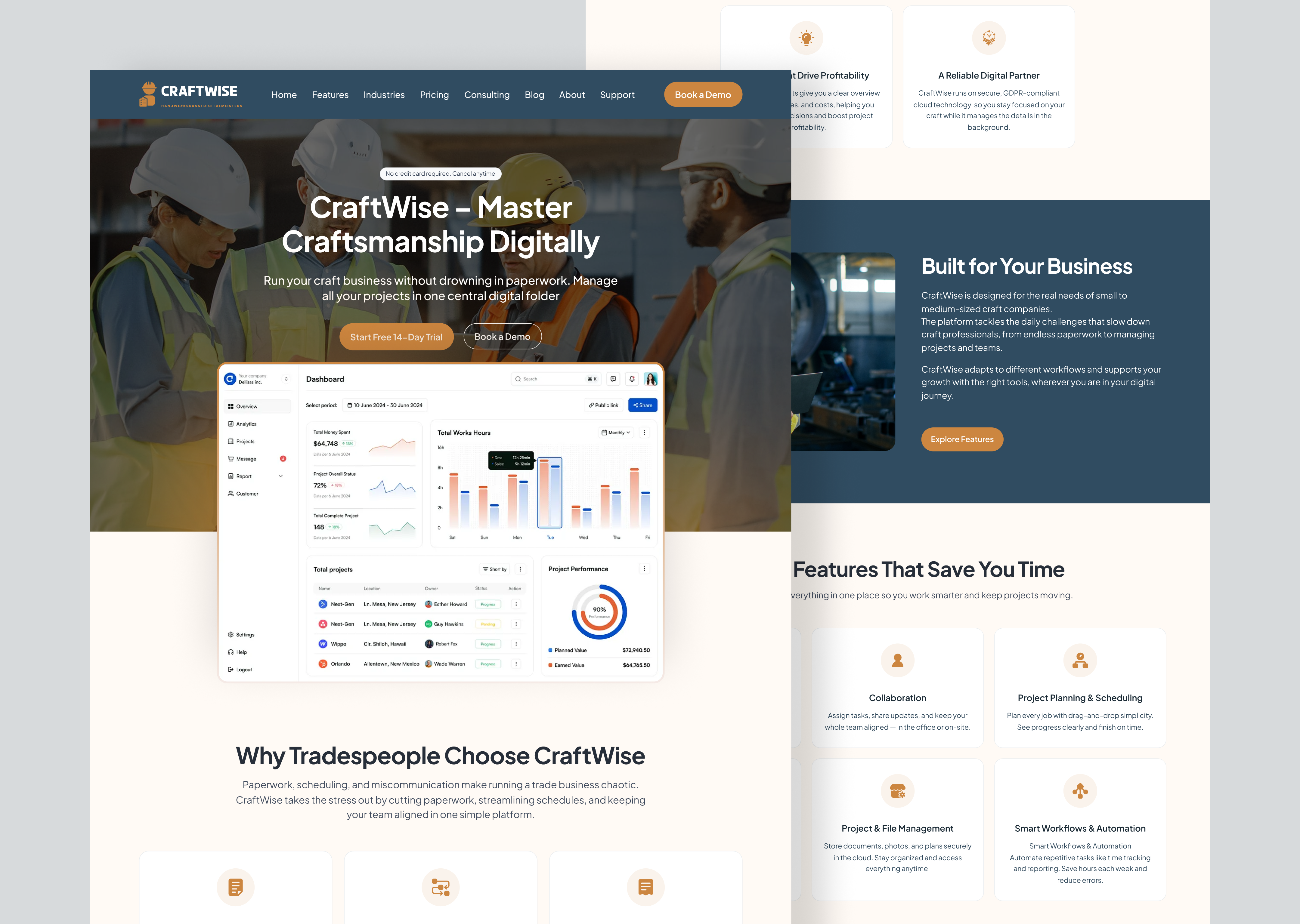 CraftWise – SaaS Landing Page b2b design business app conversion design dashboard design dribbble figma interface design landing page product design project management saas design saas ui startup design ui ui design uiux ux ux design web design website design