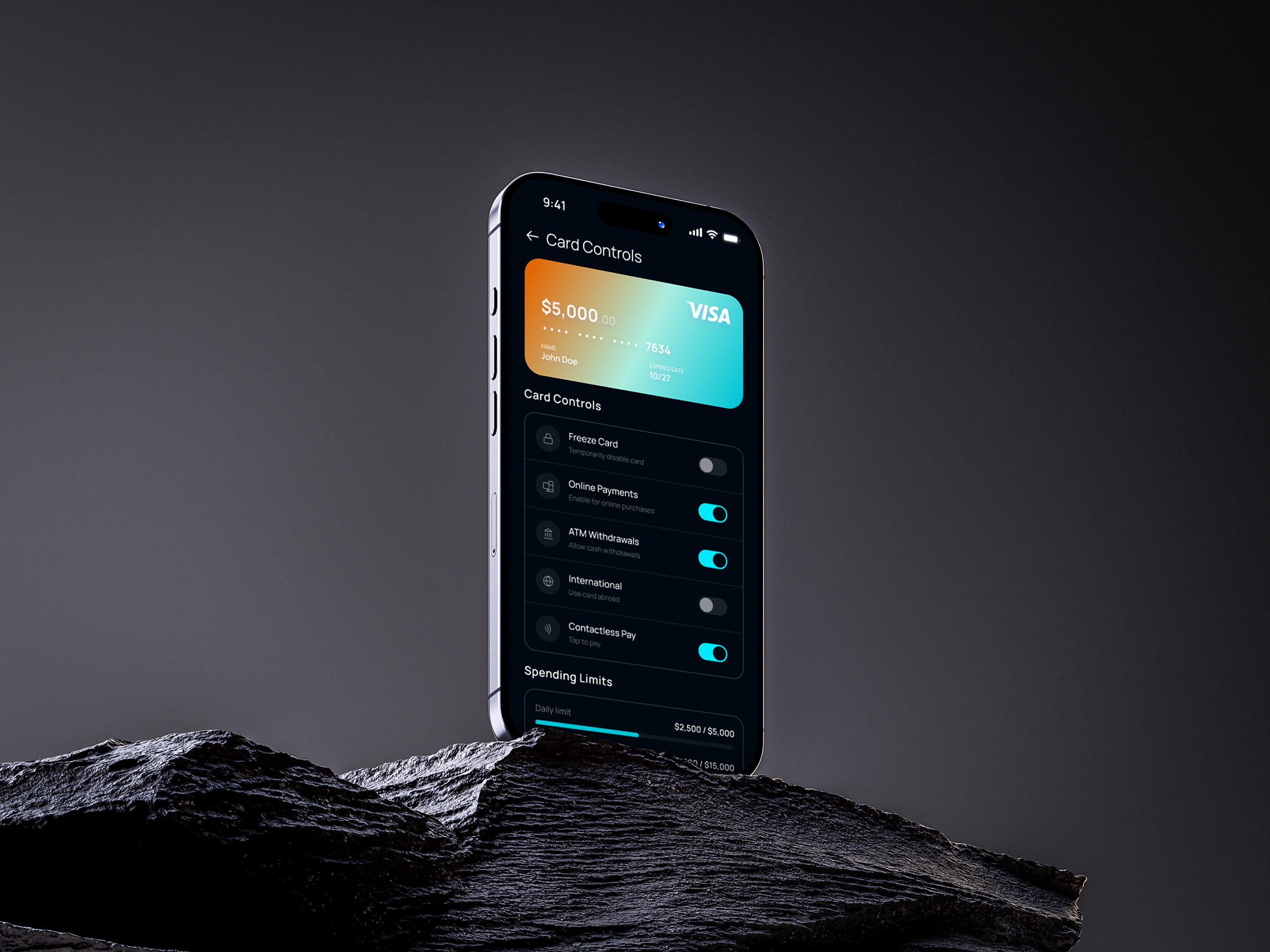 Mobile Banking App UX/UI banking security card controls card management dark ui digital banking finance app design fintech app fintech ux mobile banking ui mobile product design payment settings spending limits ui ux design