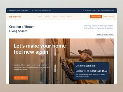 Home Repair & Handyman Roofing Website Design booking system business website clean design construction handyman handyman service home maintenance home repair homepage design landing page modern ui remodeling repair service roofing service platform service website ui design ux design web design website ui