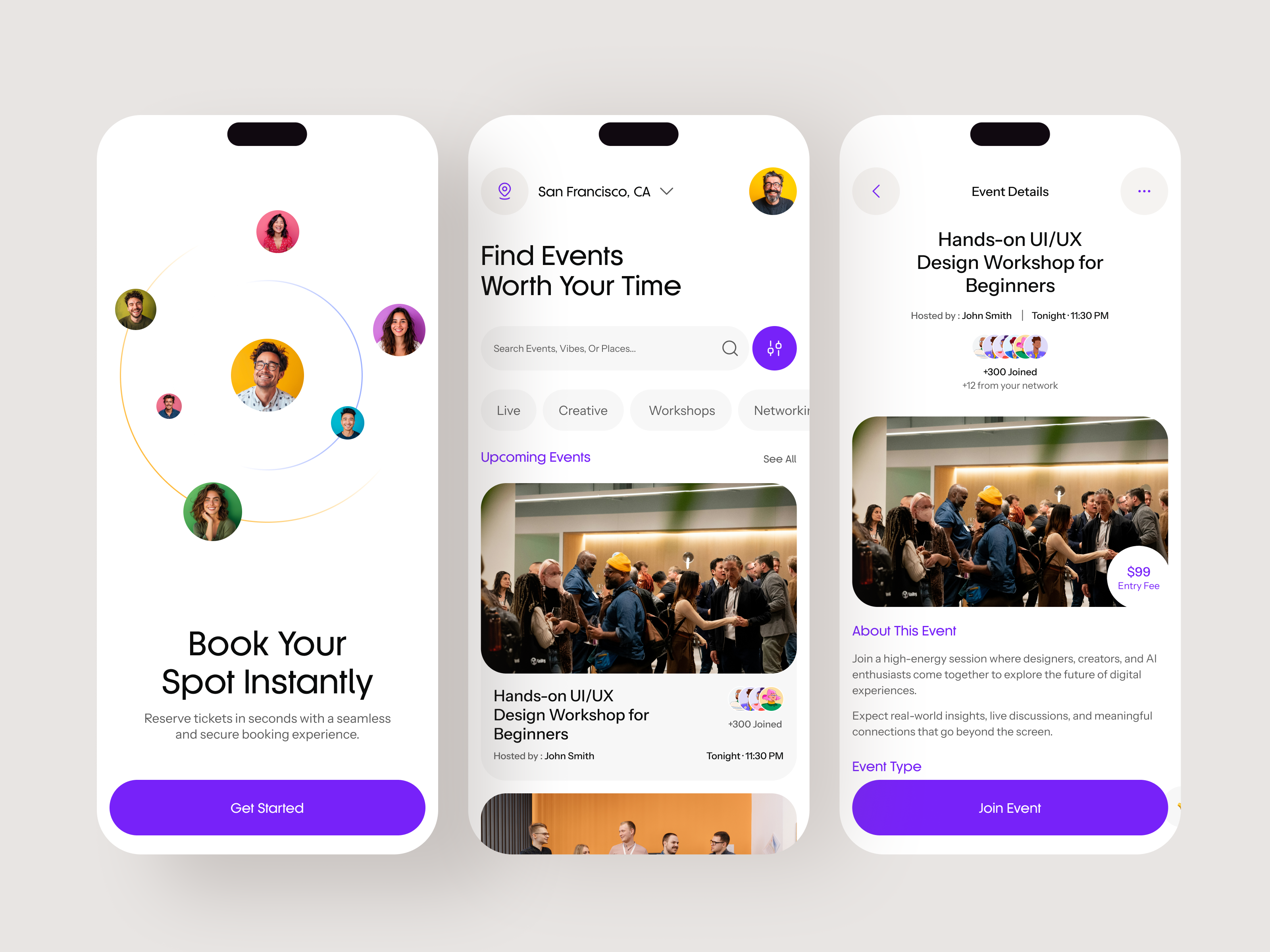Event Booking App UI UX Design Concept booking experience clean interface designinspiration event app event design event finder event platform event ui event ux live events mobile ui product design uiux design user flow