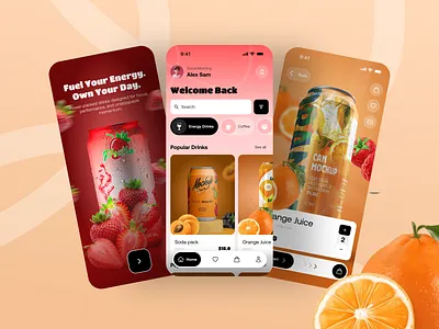 Energy Drink Mobile App UI UX Design android app app design app ui beverage app clean ui delivery app drink app ecommerce app energy drink app food app food ordering app ios app minimal ui mobile app design mobile ui modern ui ordering app product design restaurant app ui ux
