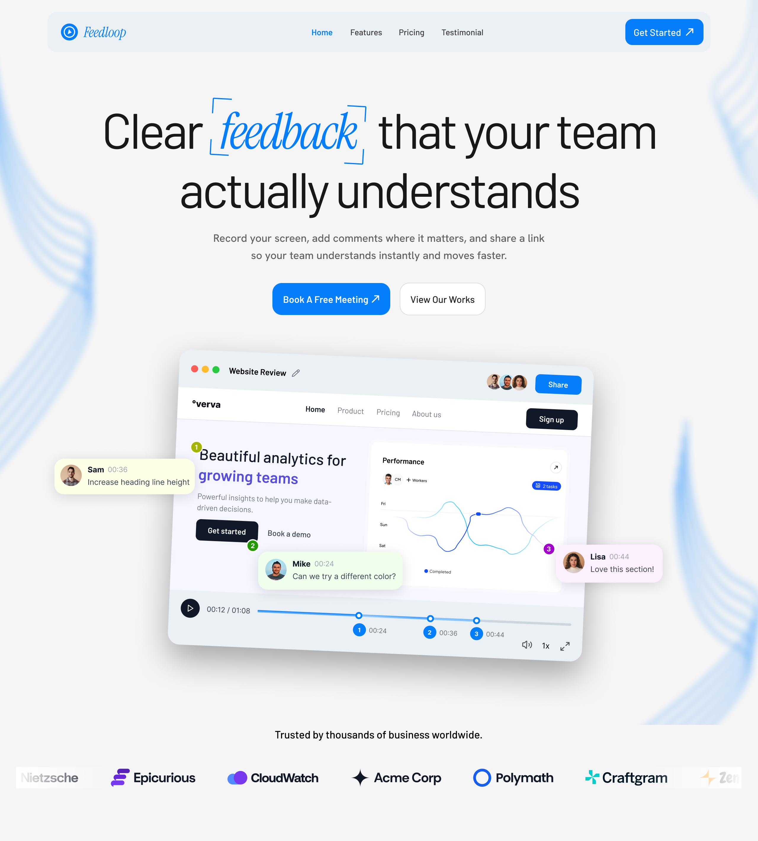 Feedloop — Async Video Feedback That Actually Works blue clarity design feedback feedloop landingpage lighttheme productdesign saas saas design ui uiux ux video videofeedback