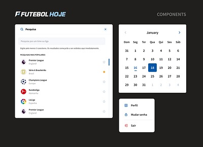 UI Components: search, calendar, and menu - Futebol Hoje calendar components product product design search ui ui design uidesign