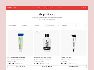 Skincare Product Listing Page beauty clean design clinical beauty collection page d2c filter page filter ux minimalist modern ui premiumui product grid shopify skin care userinterface website design woocomerce